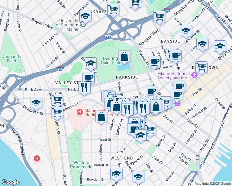 map of restaurants, bars, coffee shops, grocery stores, and more near 111 Sherman Street in Portland