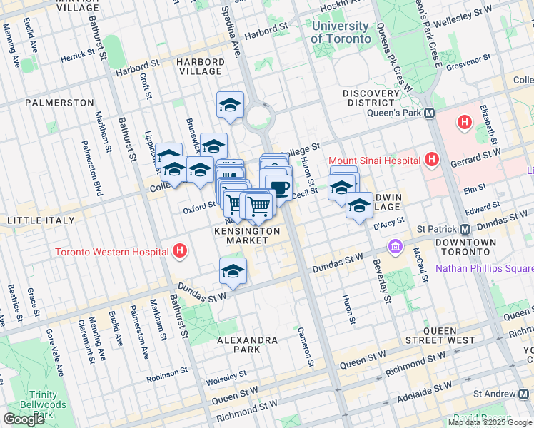 map of restaurants, bars, coffee shops, grocery stores, and more near 21 Nassau Street in Toronto