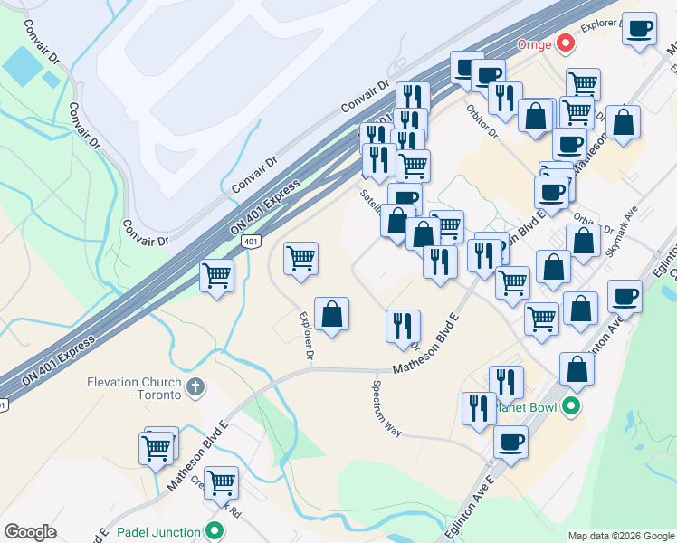 map of restaurants, bars, coffee shops, grocery stores, and more near 5280 Solar Drive in Mississauga