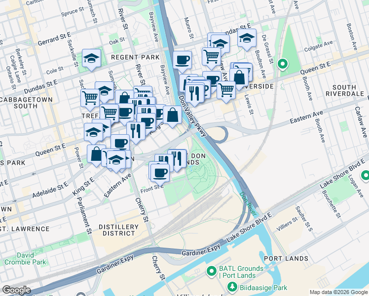 map of restaurants, bars, coffee shops, grocery stores, and more near 170 Bayview Avenue in Toronto