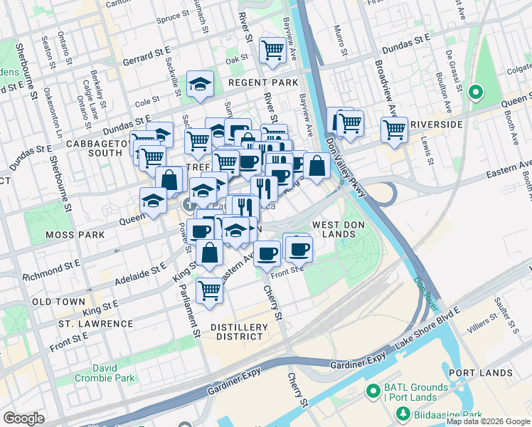 map of restaurants, bars, coffee shops, grocery stores, and more near in Toronto