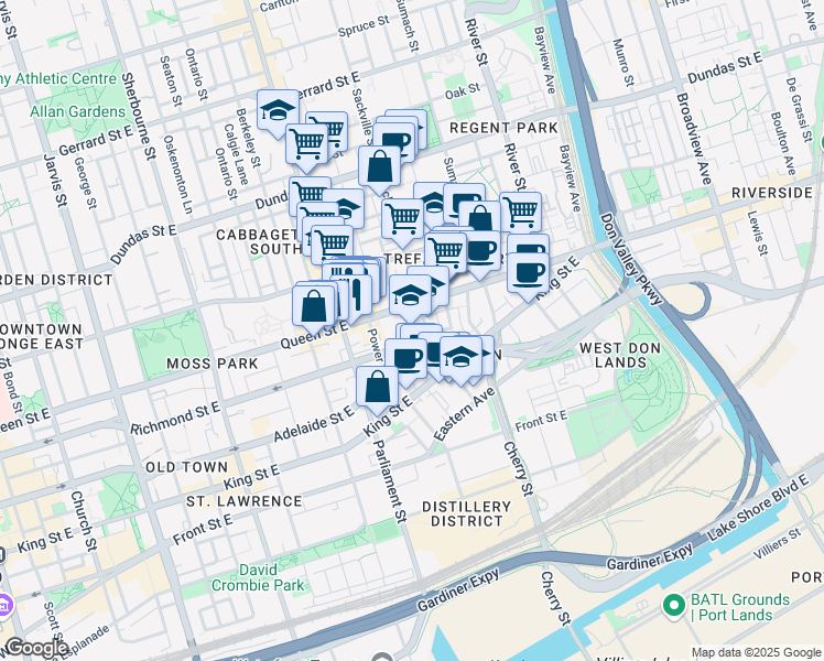 map of restaurants, bars, coffee shops, grocery stores, and more near 421 Queen Street East in Toronto