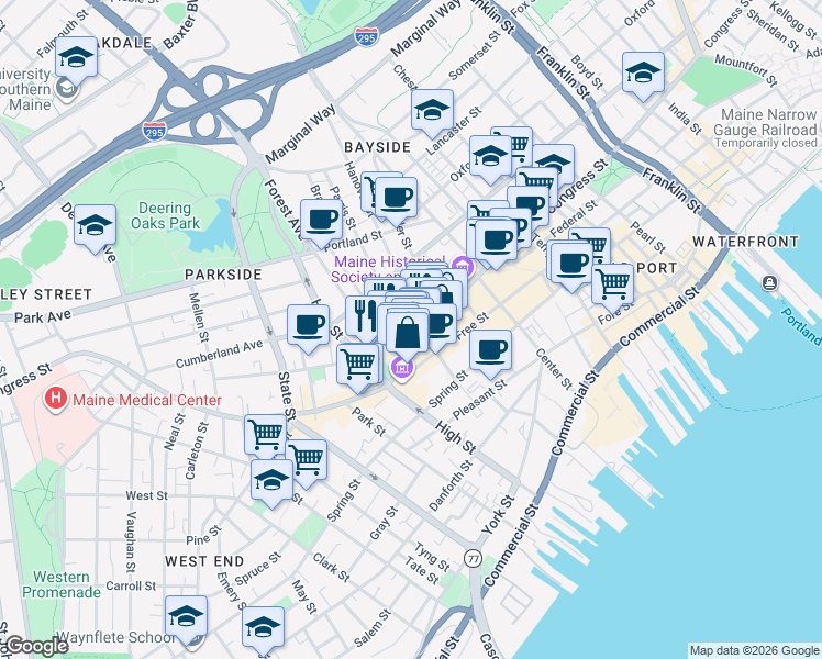 map of restaurants, bars, coffee shops, grocery stores, and more near 72 Oak Street in Portland