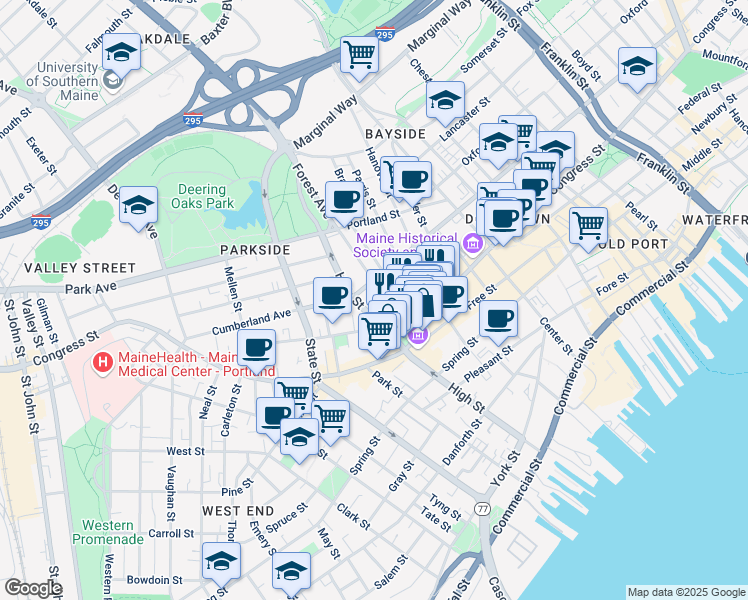 map of restaurants, bars, coffee shops, grocery stores, and more near 420 Cumberland Avenue in Portland