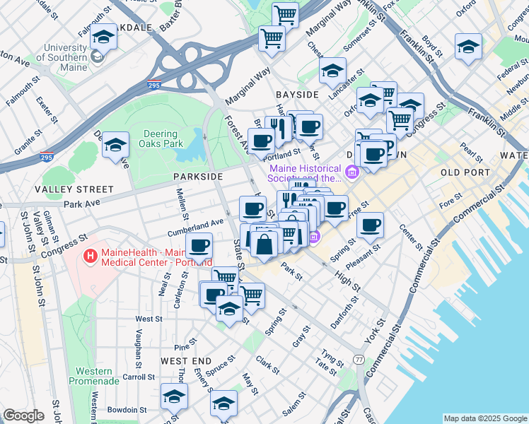 map of restaurants, bars, coffee shops, grocery stores, and more near 210 High Street in Portland