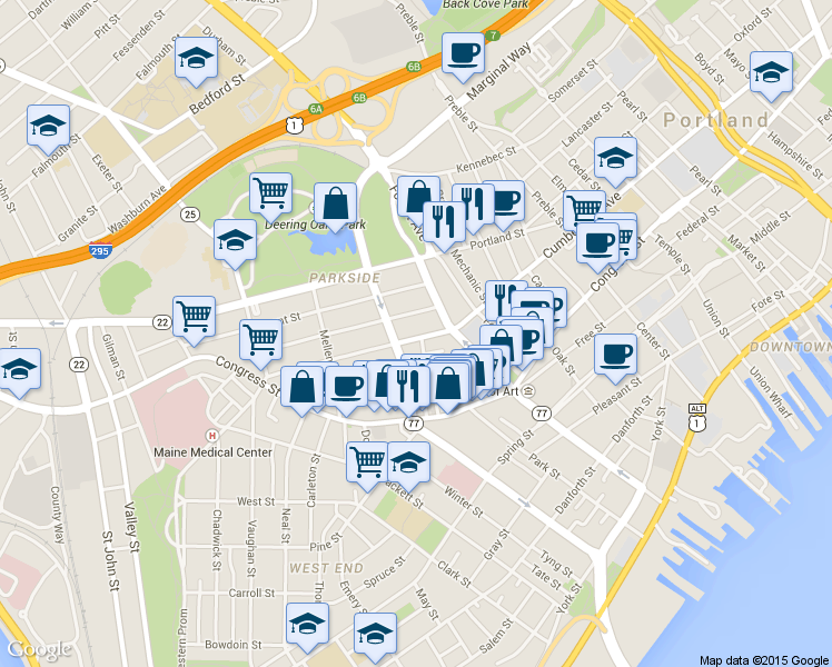 map of restaurants, bars, coffee shops, grocery stores, and more near 31 Sherman Street in Portland