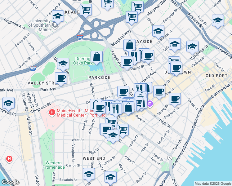 map of restaurants, bars, coffee shops, grocery stores, and more near 31 Sherman Street in Portland