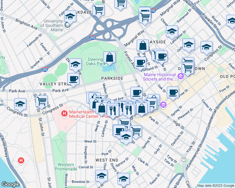 map of restaurants, bars, coffee shops, grocery stores, and more near 61 Sherman Street in Portland