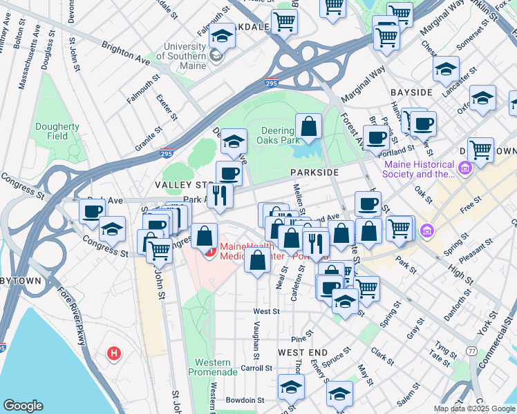 map of restaurants, bars, coffee shops, grocery stores, and more near 180 Park Street in Portland