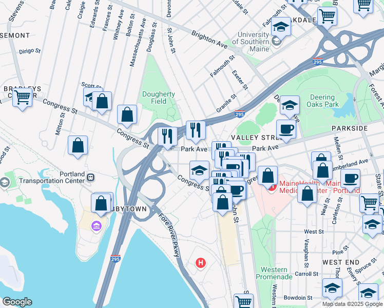 map of restaurants, bars, coffee shops, grocery stores, and more near 349 Park Avenue in Portland