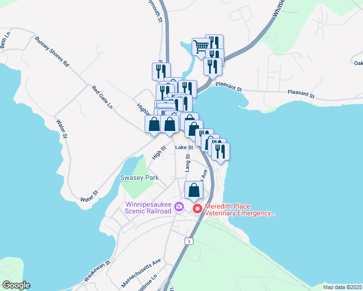 map of restaurants, bars, coffee shops, grocery stores, and more near 312 Daniel Webster Highway in Meredith