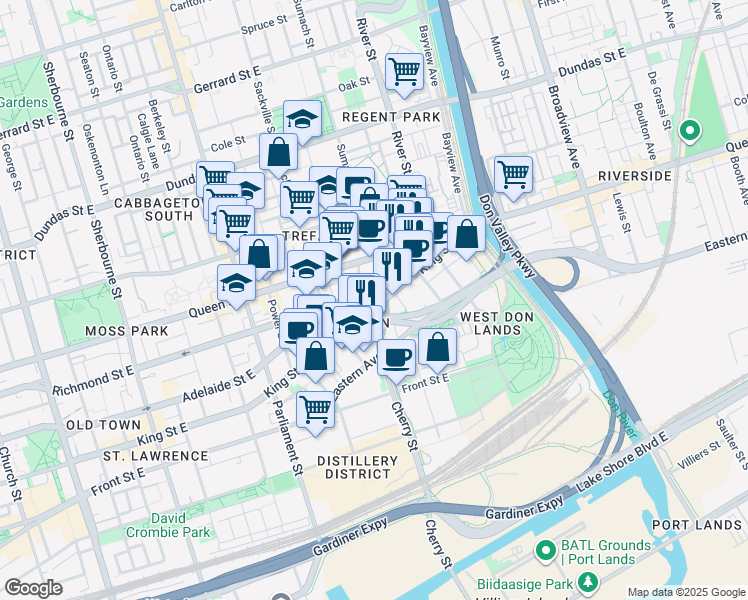 map of restaurants, bars, coffee shops, grocery stores, and more near in Toronto