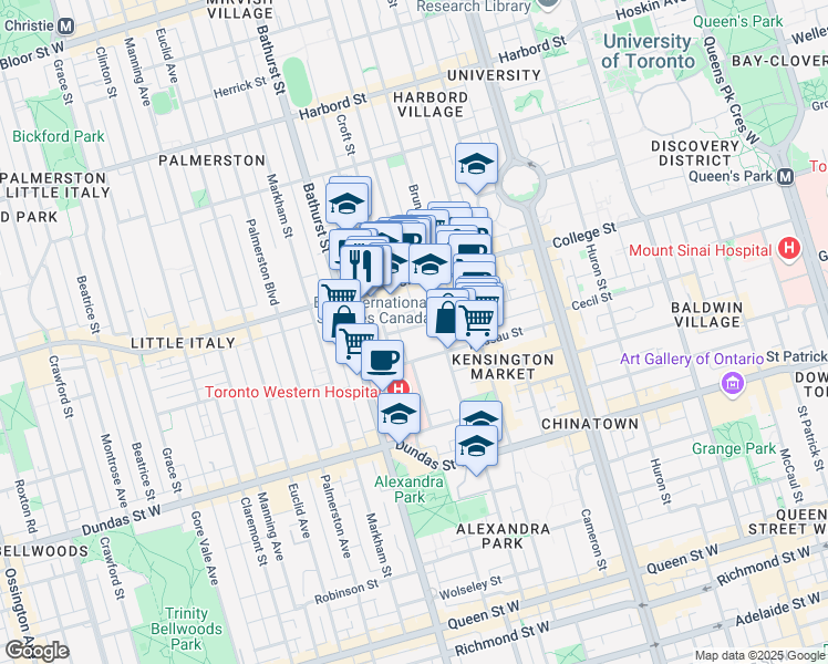 map of restaurants, bars, coffee shops, grocery stores, and more near in Toronto