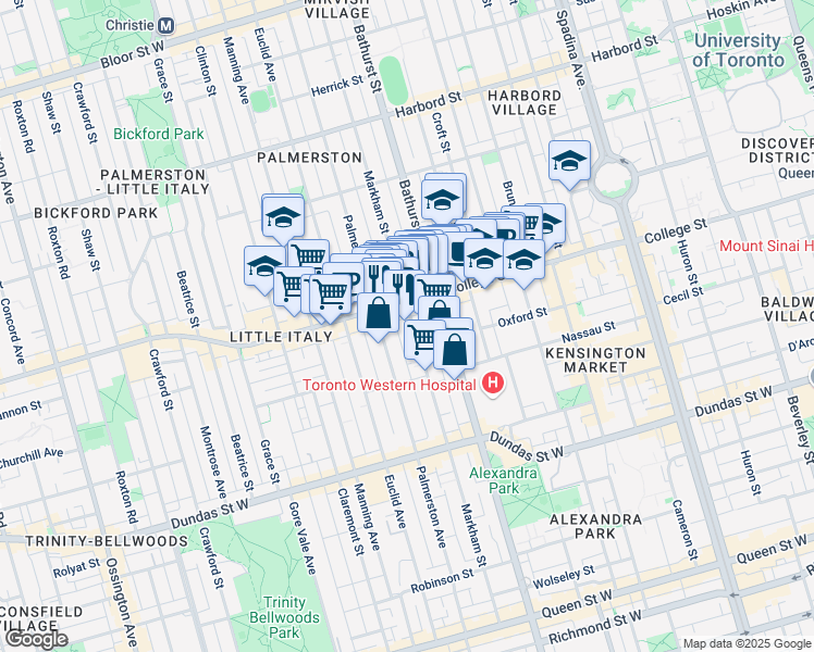 map of restaurants, bars, coffee shops, grocery stores, and more near in Toronto