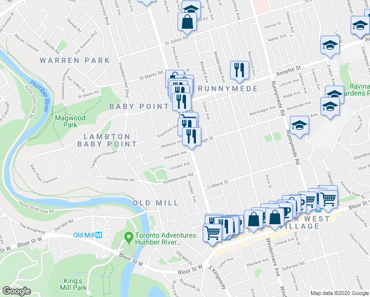 map of restaurants, bars, coffee shops, grocery stores, and more near in Toronto