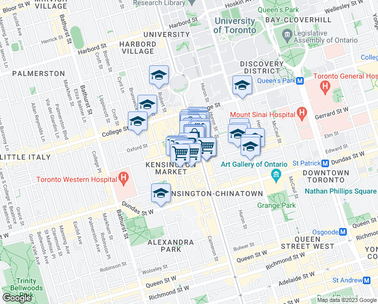 map of restaurants, bars, coffee shops, grocery stores, and more near 192 Spadina Avenue in Toronto