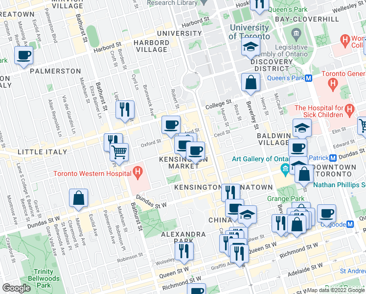 map of restaurants, bars, coffee shops, grocery stores, and more near 48 Nassau Street in Toronto