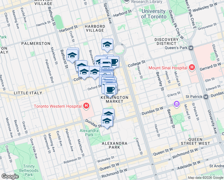 map of restaurants, bars, coffee shops, grocery stores, and more near 58 Nassau Street in Toronto