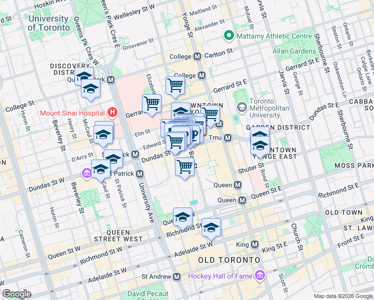 map of restaurants, bars, coffee shops, grocery stores, and more near 570 Bay Street in Toronto