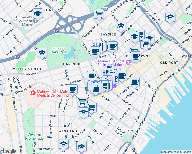 map of restaurants, bars, coffee shops, grocery stores, and more near 198 High Street in Portland