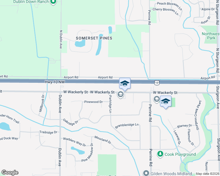 map of restaurants, bars, coffee shops, grocery stores, and more near 4608 West Wackerly Street in Midland