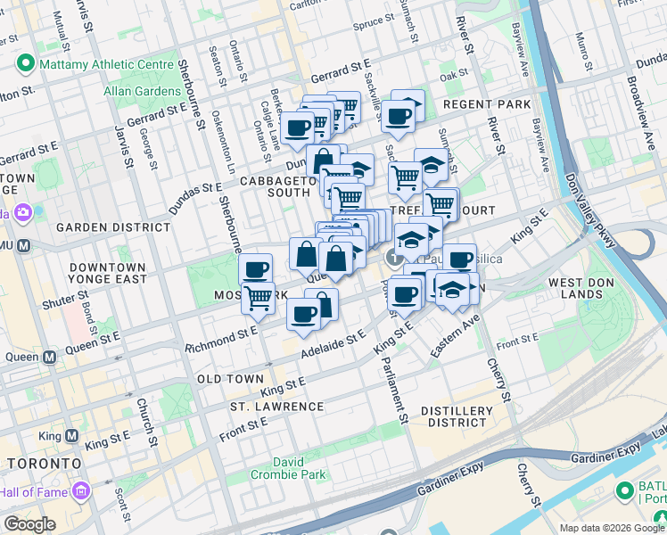 map of restaurants, bars, coffee shops, grocery stores, and more near 250 A Berkeley Street in Toronto