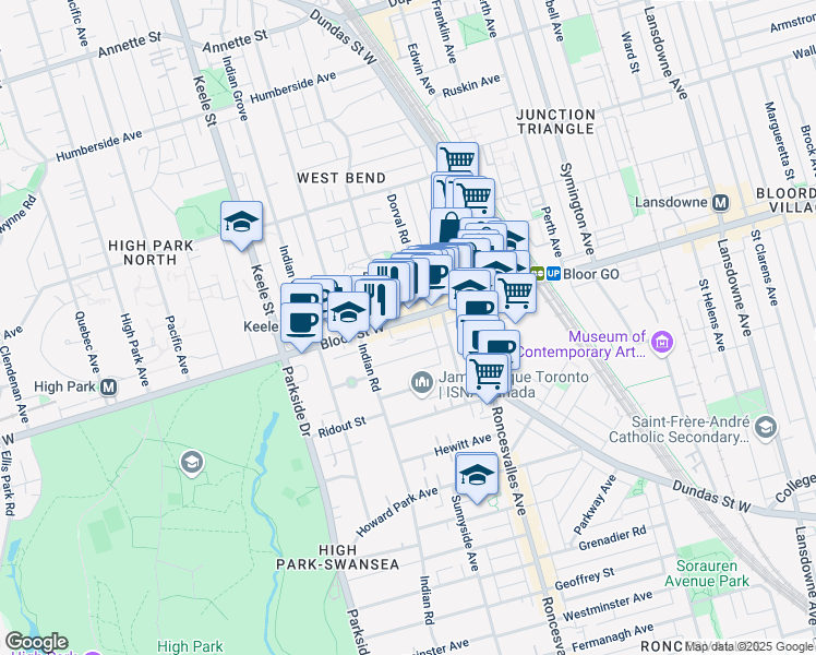 map of restaurants, bars, coffee shops, grocery stores, and more near in Toronto