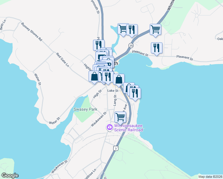 map of restaurants, bars, coffee shops, grocery stores, and more near 312 Daniel Webster Highway in Meredith