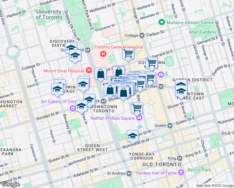 map of restaurants, bars, coffee shops, grocery stores, and more near 87 Elm Street in Toronto