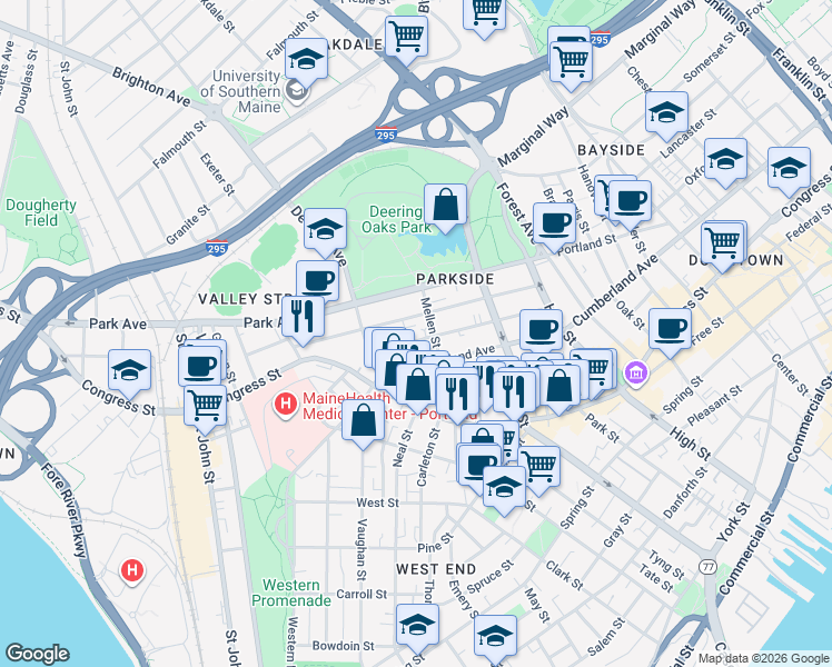 map of restaurants, bars, coffee shops, grocery stores, and more near 83 Mellen Street in Portland