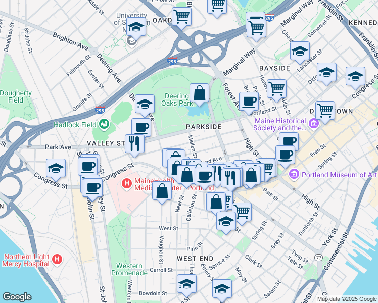 map of restaurants, bars, coffee shops, grocery stores, and more near 105 Sherman Street in Portland