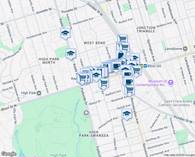 map of restaurants, bars, coffee shops, grocery stores, and more near 1660 Bloor Street West in Toronto