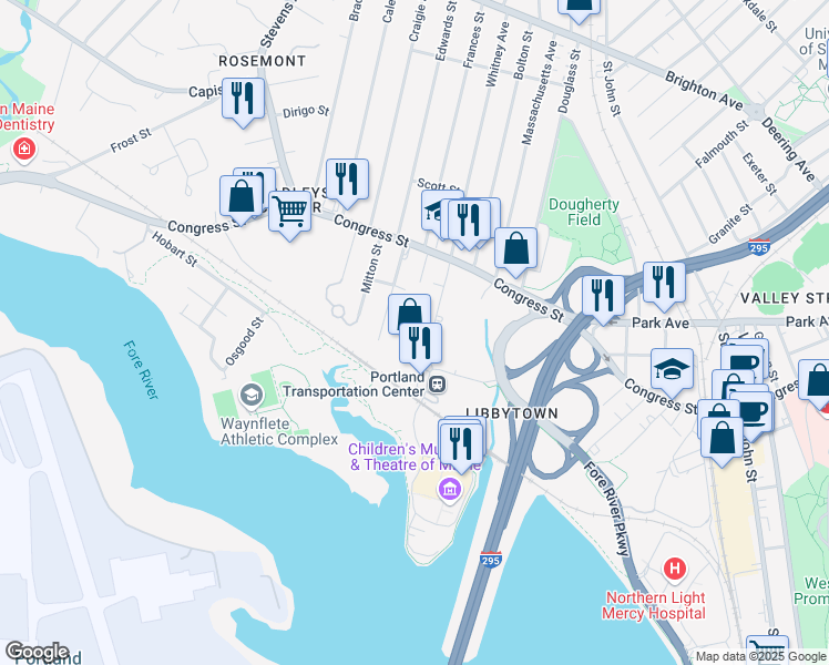 map of restaurants, bars, coffee shops, grocery stores, and more near 51 Sewall Street in Portland