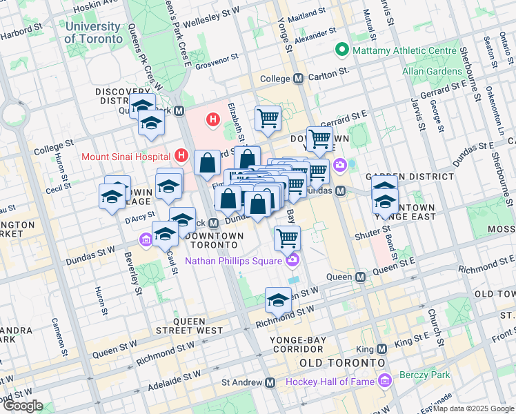 map of restaurants, bars, coffee shops, grocery stores, and more near 87 Elm Street in Toronto