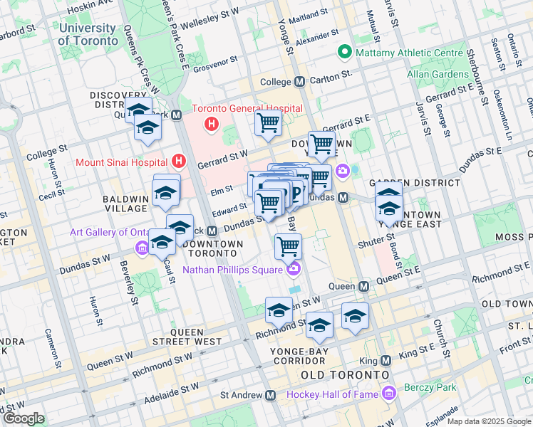 map of restaurants, bars, coffee shops, grocery stores, and more near 146 Dundas Street West in Toronto