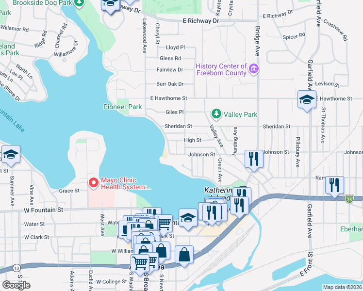 map of restaurants, bars, coffee shops, grocery stores, and more near 311 High Street in Albert Lea