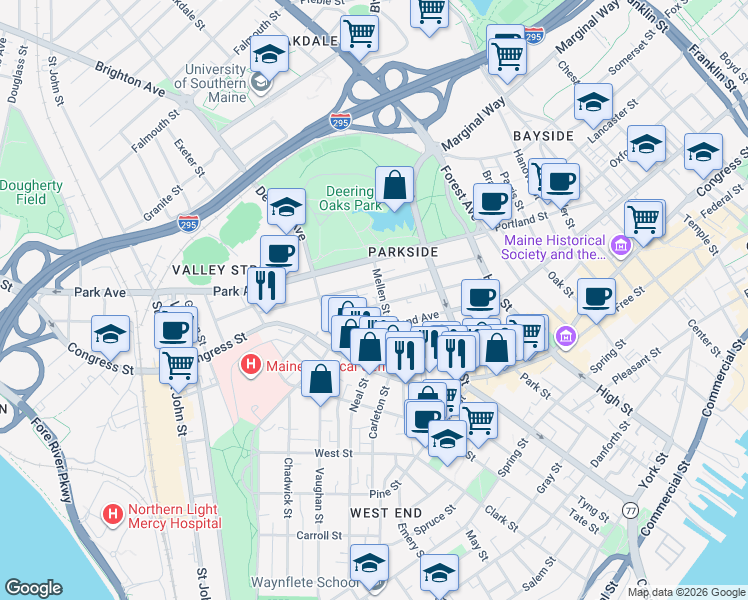map of restaurants, bars, coffee shops, grocery stores, and more near 105 Sherman Street in Portland
