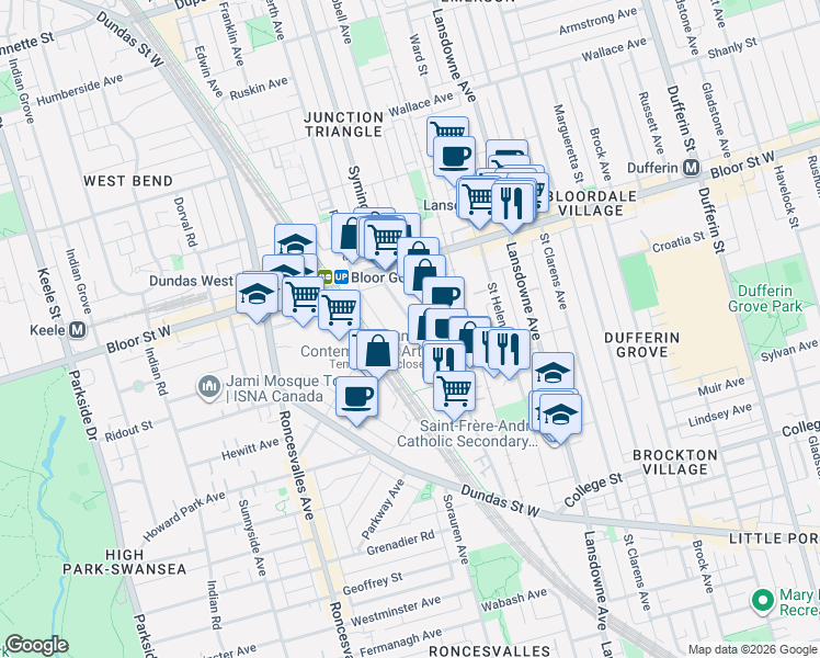 map of restaurants, bars, coffee shops, grocery stores, and more near in Toronto