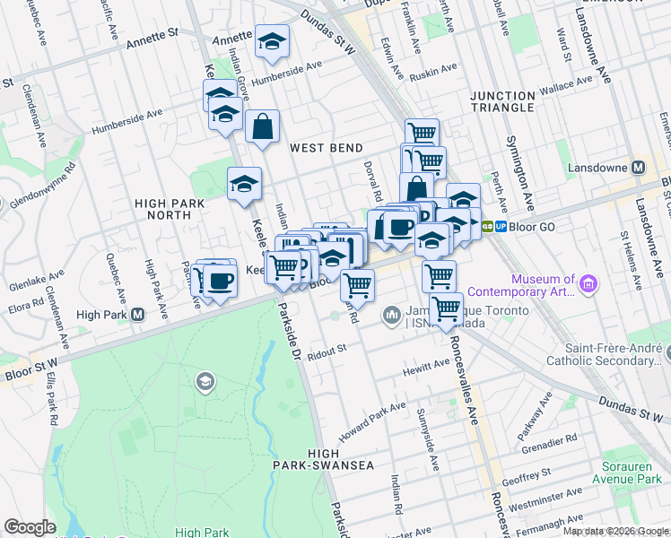 map of restaurants, bars, coffee shops, grocery stores, and more near 1660 Bloor Street West in Toronto