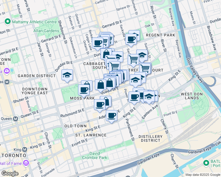 map of restaurants, bars, coffee shops, grocery stores, and more near 352 Queen Street East in Toronto