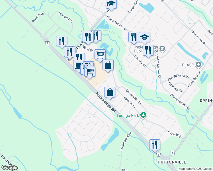 map of restaurants, bars, coffee shops, grocery stores, and more near 65 Beachville Circle in Brampton