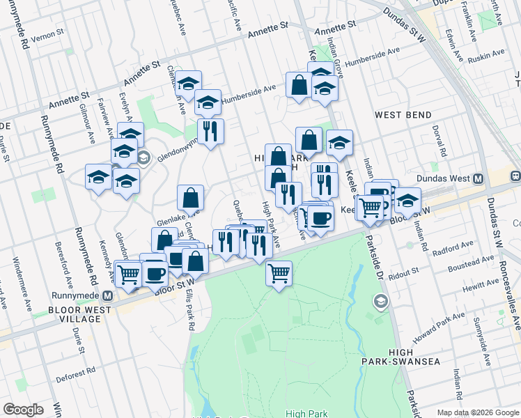 map of restaurants, bars, coffee shops, grocery stores, and more near 50 High Park Avenue in Toronto