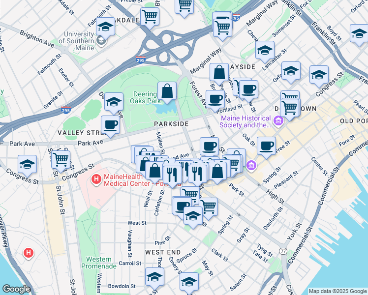 map of restaurants, bars, coffee shops, grocery stores, and more near 56 Sherman Street in Portland