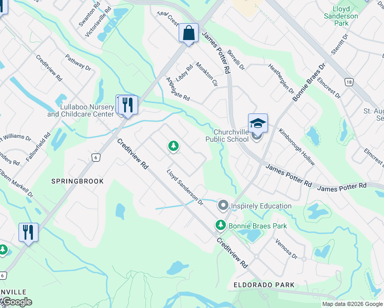 map of restaurants, bars, coffee shops, grocery stores, and more near 57 George Robinson Drive in Brampton