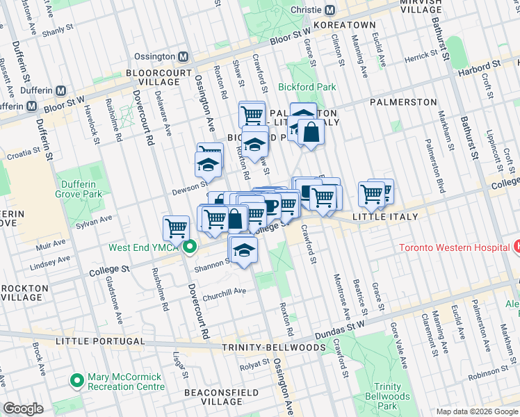 map of restaurants, bars, coffee shops, grocery stores, and more near 259 Roxton Road in Toronto