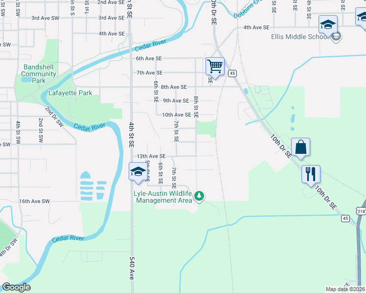 map of restaurants, bars, coffee shops, grocery stores, and more near 801 12th Avenue Southeast in Austin