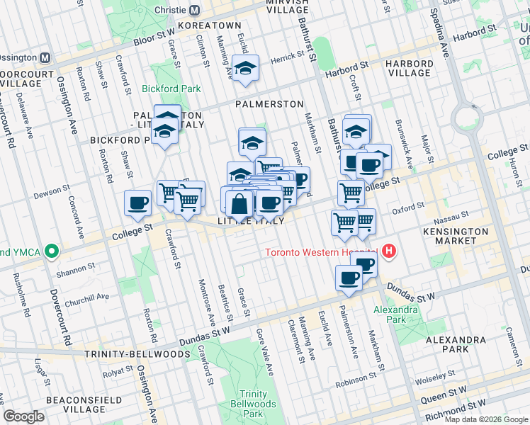 map of restaurants, bars, coffee shops, grocery stores, and more near 572 College Street in Toronto