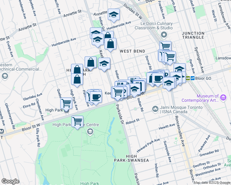 map of restaurants, bars, coffee shops, grocery stores, and more near 21 Keele Street in Toronto