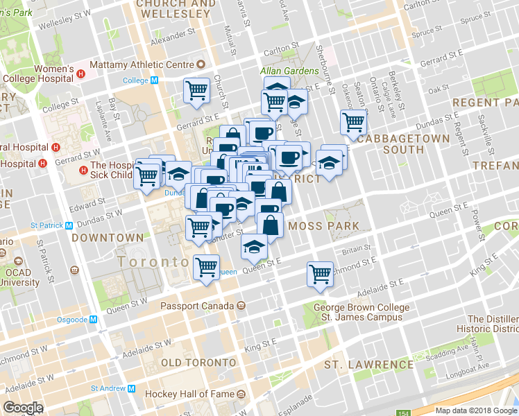 map of restaurants, bars, coffee shops, grocery stores, and more near 197 Church Street in Toronto