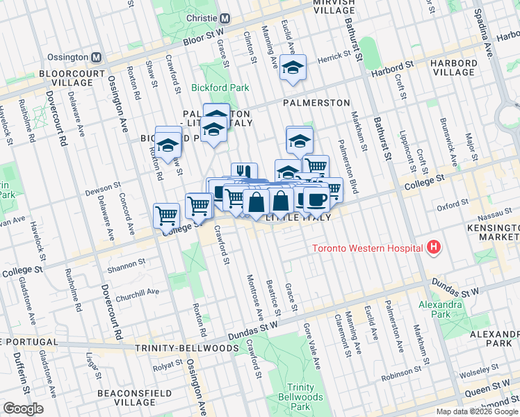 map of restaurants, bars, coffee shops, grocery stores, and more near 166 Grace Street in Toronto